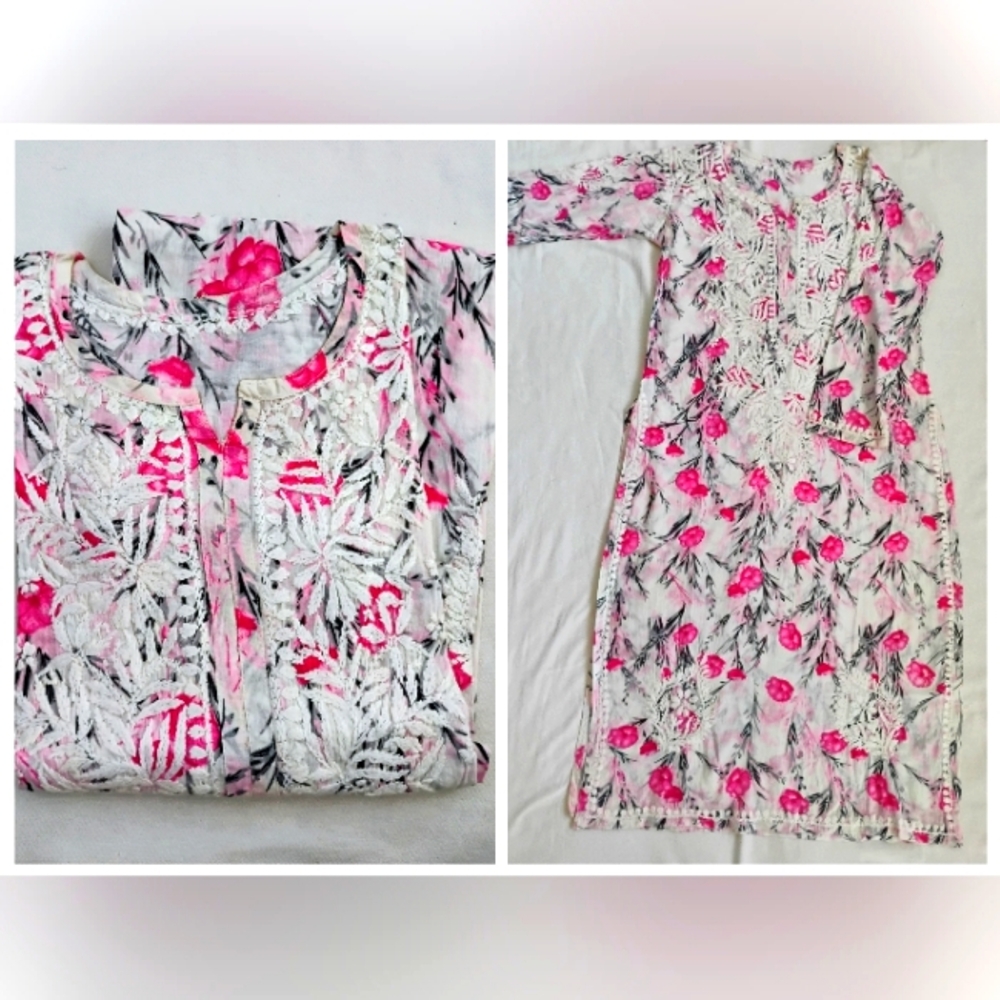 Women's Floral Long Dress - White & Pink